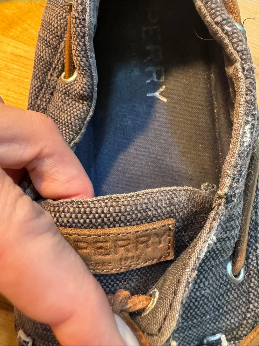 Sperry Gray Canvas Boat Shoes with Brown Laces